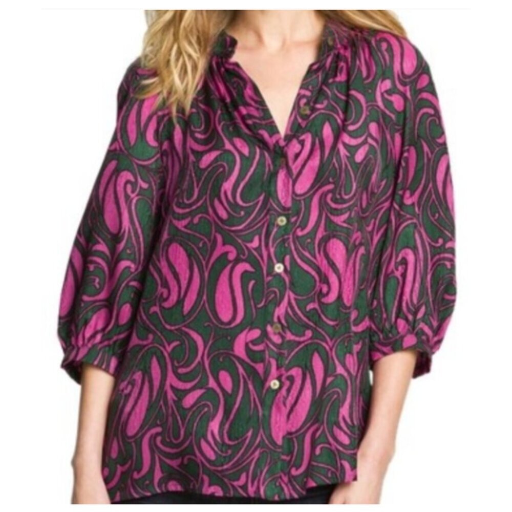 Trina Turk Silk Button Down Top Pink & Green Size Small